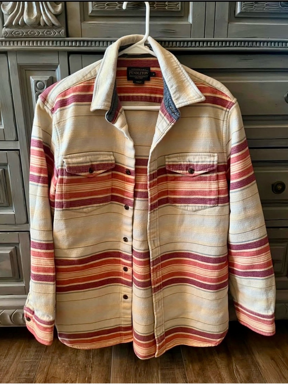 Pendleton Striped cotton Shacket in Cream & Red Tones